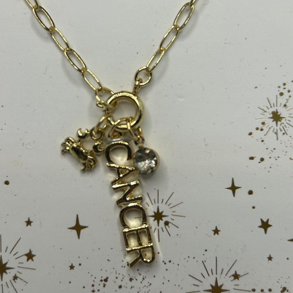 Zodiac Cancer Necklace Goldtone Paperclip Link‎ Chain Astrology Charm Pendant